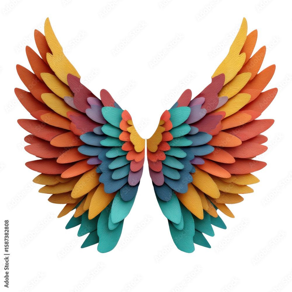 Obraz premium Colorful Wing Illustration: A vibrant pair of stylized wings crafted from multiple layers of various warm, and cool color hues, creating a symbolic representation of flight, freedom.