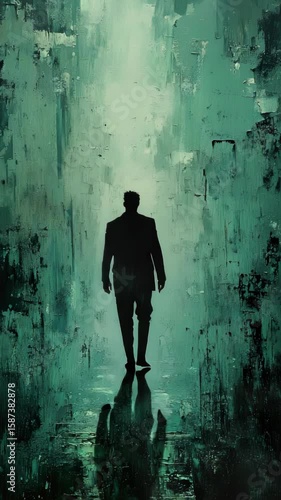 A painting of a person walking in the rain