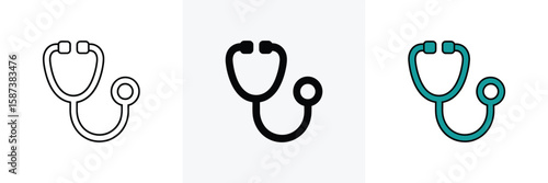 Stethoscope Icon Set Outline, Solid Fill, and Colored Version, Isolated on White