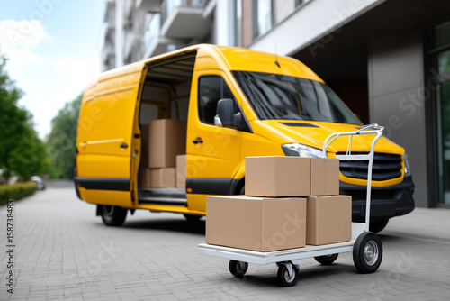 Yellow Van with Cardboard Box on Cart for Delivery Service