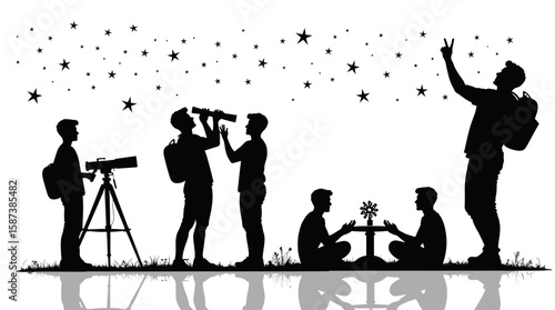 Silhouette of people stargazing and observing stars at night  