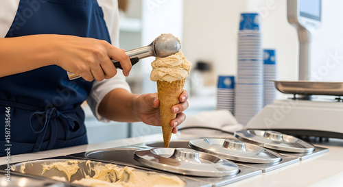 Hands Scooping Fresh and Creamy Ice Cream into a Crispy Waffle Cone