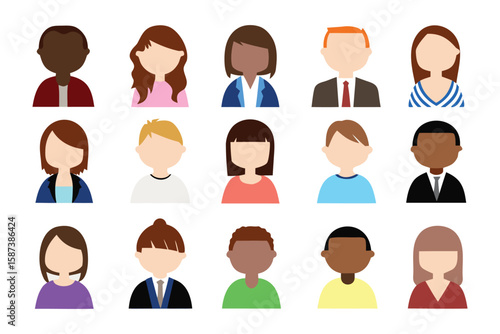 Diverse Faces: A collection of flat-design avatars, representing the broad spectrum of individuality and inclusion, each with unique features and implied expressions.