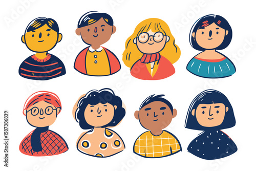 Diverse Portraits: A collection of cheerful and unique portraits, each representing a different individual with distinct features, showcasing a spectrum of identities and personalities.