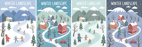 Snowy Winter Landscape Vector – Blue Sky, Forest and Mountains Covered with Snow, Peaceful Cold Season Nature Background for Seasonal Design and Outdoor Scenery


