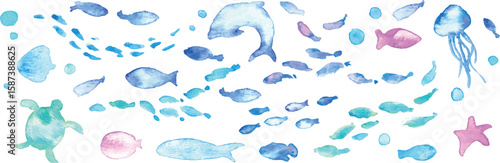 水彩画。水彩タッチの海の生き物フレーム。夏の生き物ベクターイラスト。海。バカンス。水中フレーム背景。Watercolor painting. Watercolor sea creatures frame. Summer creatures vector illustration. Ocean. Vacation. Underwater frame background.