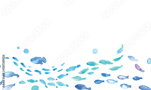 水彩画。水彩タッチの海の生き物フレーム。夏の生き物ベクターイラスト。海。バカンス。水中フレーム背景。Watercolor painting. Watercolor sea creatures frame. Summer creatures vector illustration. Ocean. Vacation. Underwater frame background.