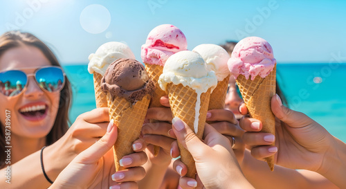 Happy Friends Toasting with Delicious Ice Cream Cones by the Sunny Ocean on a Hot Summer Day