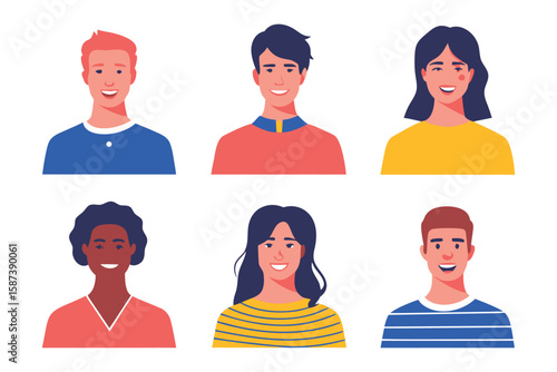 Diverse Smiling Faces: A collection of diverse individuals, each displaying a unique expression of happiness, representing inclusivity and unity in a vibrant and approachable style.