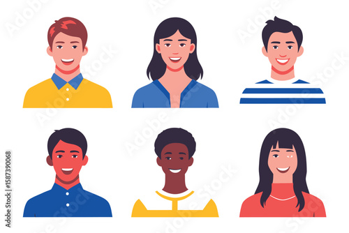 Diverse Portrait Collection: A vibrant illustration showcasing a collection of six diverse individuals, each exuding personality, youth, and a friendly demeanor.