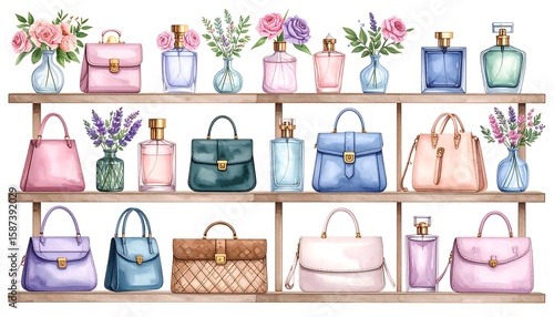 Watercolor display of purses and perfumes on shelves