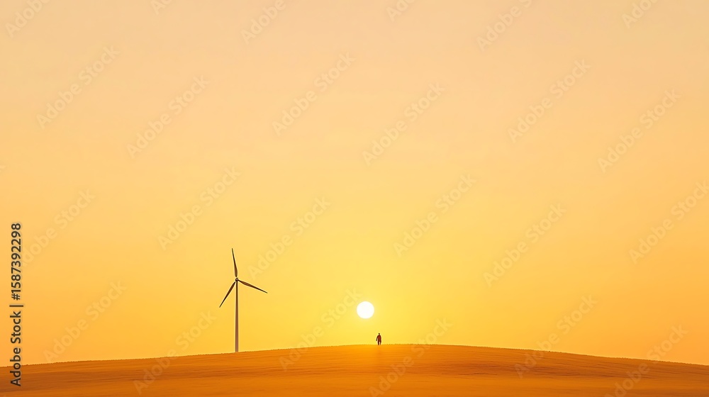 Obraz premium Lone figure and wind turbine silhouetted against a vast golden sunset sky