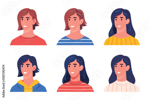 Diverse Faces in a Row: Six distinct individuals with varied hairstyles and apparel, each radiating a unique charm and inviting presence, presenting an array of expressive characters.