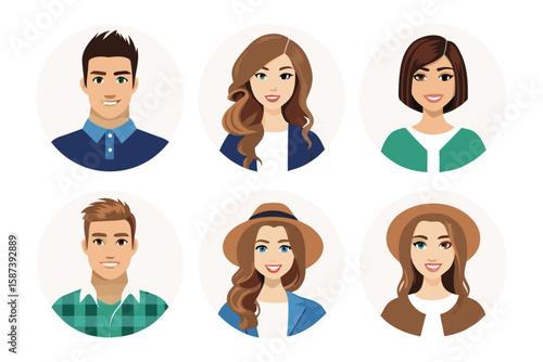 Diversity of portraits : Showcasing a variety of young men and women, each distinct portrait captures different expressions, hairstyles, and styles.