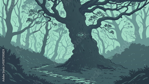 A path through a misty forest with a large tree bearing an eye symbol on its trunk in a serene setting