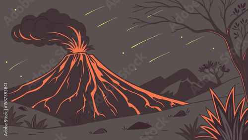 Illustration of a volcano erupting at night with shooting stars and silhouetted trees in the background