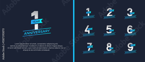 set of anniversary logo flat blue and silver color on blue background for celebration moment