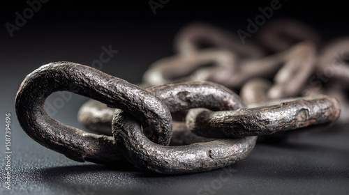 Broken iron chain links on a dark surface, symbolizing liberation and breaking free from constraints.