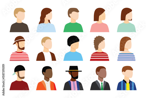 Diverse Profile Icons: A collection of profile icons representing a diverse array of individuals, showcasing various hairstyles, skin tones, and attire in a modern, illustrative style. 