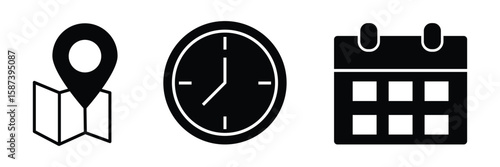 Time, date and address icon set. Calendar, clock, location.