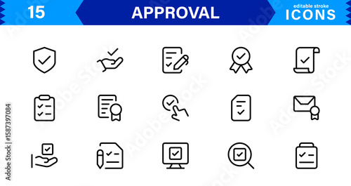 Approval Icons Collection – High-Quality Vector Line Illustrations for Verified, Certified, Success, and Accepted Concepts