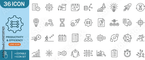 Productivity Efficiency Time Management Workflow Growth Planning Goal, icon setproductivity,efficiency,time,management,workflow,growth,planning,goal,task,focus,target,process,work,system,chart,graph,