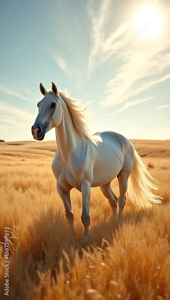 Fototapeta premium A top-down shot of a majestic white horse standing still in the center of a rippling golden wheat field under a late afternoon sun, casting a long shadow.