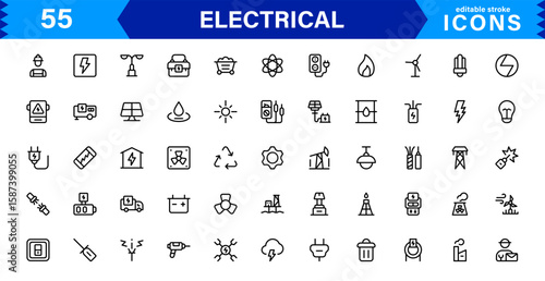 Electric Icons Collection – Vector Line Illustrations of Power, Circuitry, Energy, Outlets, and Tools Designed