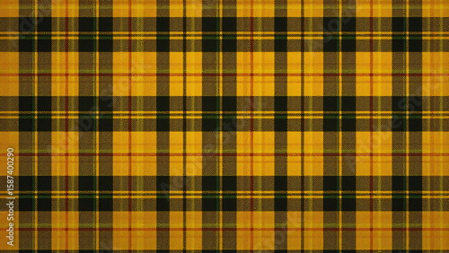 MacLeod Clan Tartan with bright yellow and black plaid, green, red accents, distressed fabric texture, rugged, grunge, ultra-realistic, high-resolution, edgy, artistic, bold, vintage, textured.