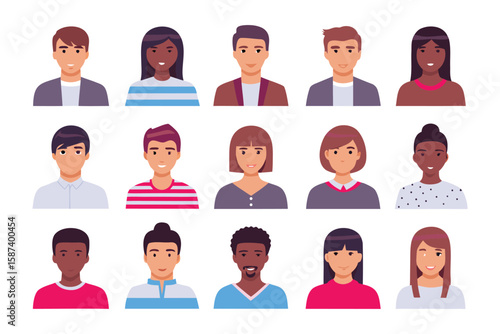 Diverse Avatar Collection: A vibrant display of diverse faces, representing a wide array of individuals with varying ethnicities, hairstyles, and expressions, ready for profile usage.