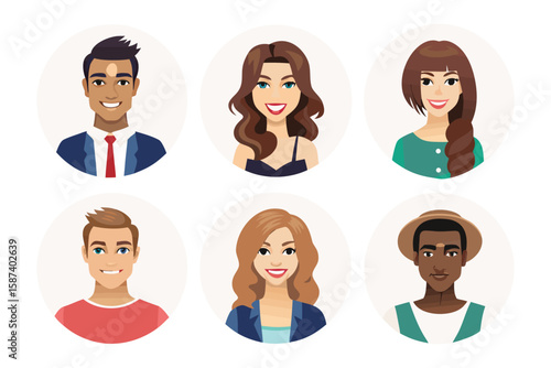 Diverse Circle of Faces: A vibrant collection of smiling faces, each encapsulated within a circular frame, represents the beauty of diversity. This illustration emphasizes inclusivity.