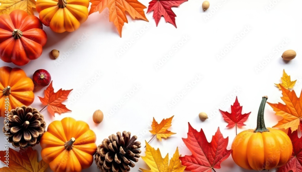 Fototapeta premium Pinecones, nuts, colorful foliage, mini pumpkins create autumn border White backdrop , stock, top view, autumn colors