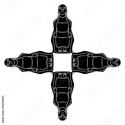 Square cross shape design with four seated women. Archaic Ancient Greek goddess. Ethnic female figurines. Black and white silhouette.