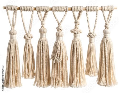 Wallpaper Mural Natural Cotton Bohemian Macrame Tassels with Knot Detail, Front View, Isolated PNG Torontodigital.ca