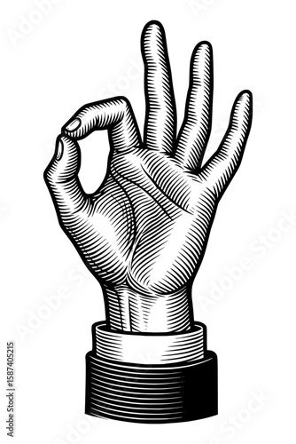 Vintage Engraved Hand Making OK Gesture Isolated Illustration