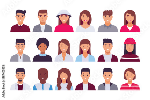 Diverse Portrait Set: A visually engaging collection of diverse, smiling faces, rendered in a vibrant, flat style that captures the essence of individuality and inclusivity.