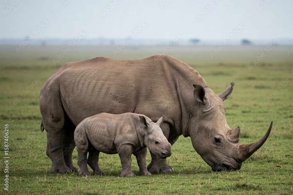 Fototapeta premium A mother rhino and her calf grazing in a vast green field under a soft, overcast sky. Ideal for themes of wildlife, conservation, and nature. 