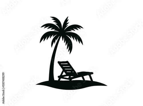 Palm tree and lounge chair on island silhouette isolated on transparent background