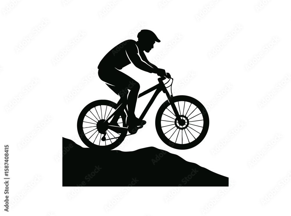 Obraz premium Mountain biker riding downhill on a dirt trail silhouette isolated on transparent background