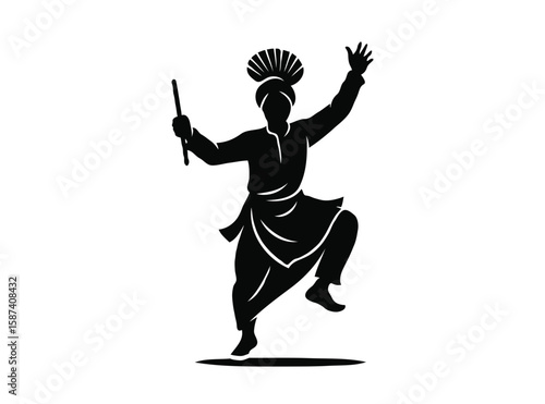 Punjabi man performing bhangra dance with stick silhouette isolated on transparent background