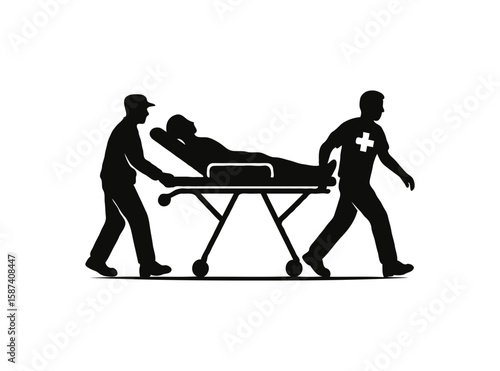 Medical professionals transporting patient on stretcher silhouette isolated on transparent background