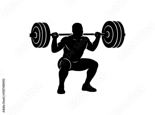 Create a dynamic silhouette of a person squatting with a barbell, symbolizing strength, fitness, and determination in a bold, minimalist style