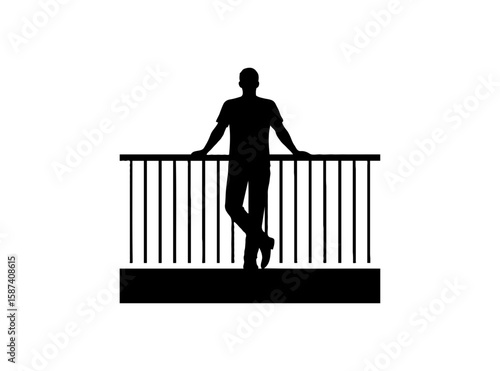 Design a striking silhouette of a person leaning on a balcony railing, evoking relaxation and contemplation in a minimalist urban scene