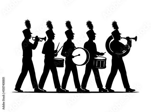 Marching band silhouette with trumpets, drums, white background.