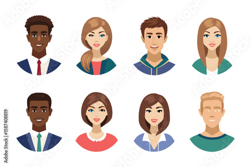 Diverse Business Avatar Set: A vibrant collection of vector avatars depicting various ethnicities and professions, embodying inclusivity and modern business culture.