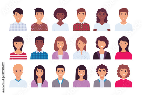 Diverse Faces Portrait: A collection of diverse portrait illustrations featuring people from various backgrounds, celebrating individuality and the beauty of different appearances.