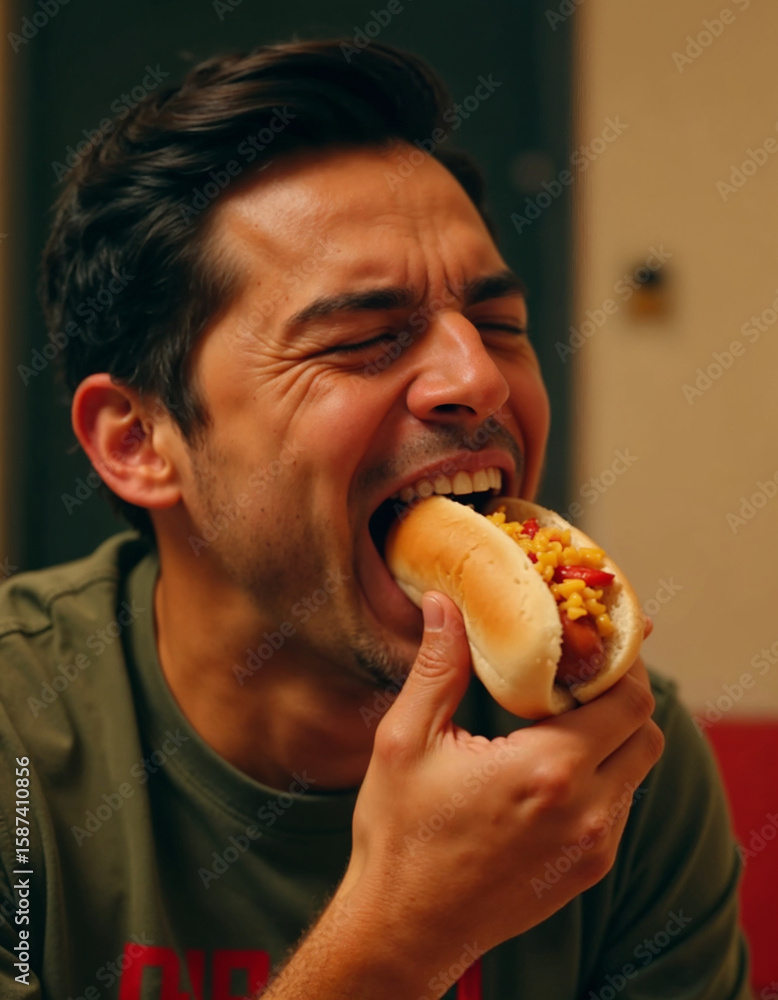 Man Savoring Hot Dog in Slow Motion Bite Man Savoring Hot Dog in Slow Motion Bite