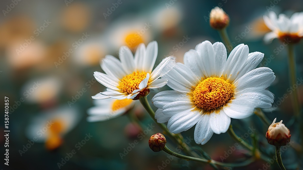 Fototapeta premium Daisy Close - up: White Petals and Yellow Stamens, Creating Fresh and Natural Atmosphere
