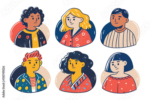 Portrait Set of Young Faces: A charming collection of six youthful portraits, each showcasing diverse hair and skin tones, exuding a friendly, approachable aura. A visual celebration of variety.