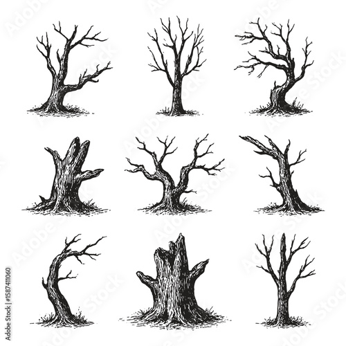 A set of dry, dead trees in vintage ink drawing style with twisted forms.